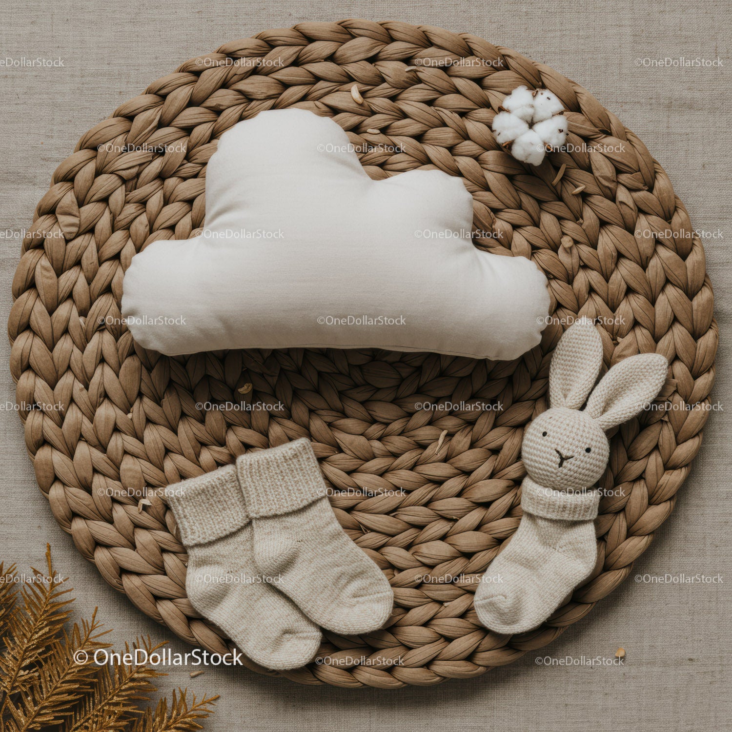 Cozy baby essentials with knitted bunny and cloud pillow