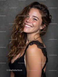 Bright Portrait of Smiling Young Woman with Curly Hair and Black Lace Top