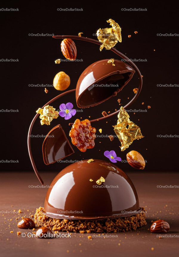 Elegant Chocolate Dome Dessert with Nuts and Gold Leaf