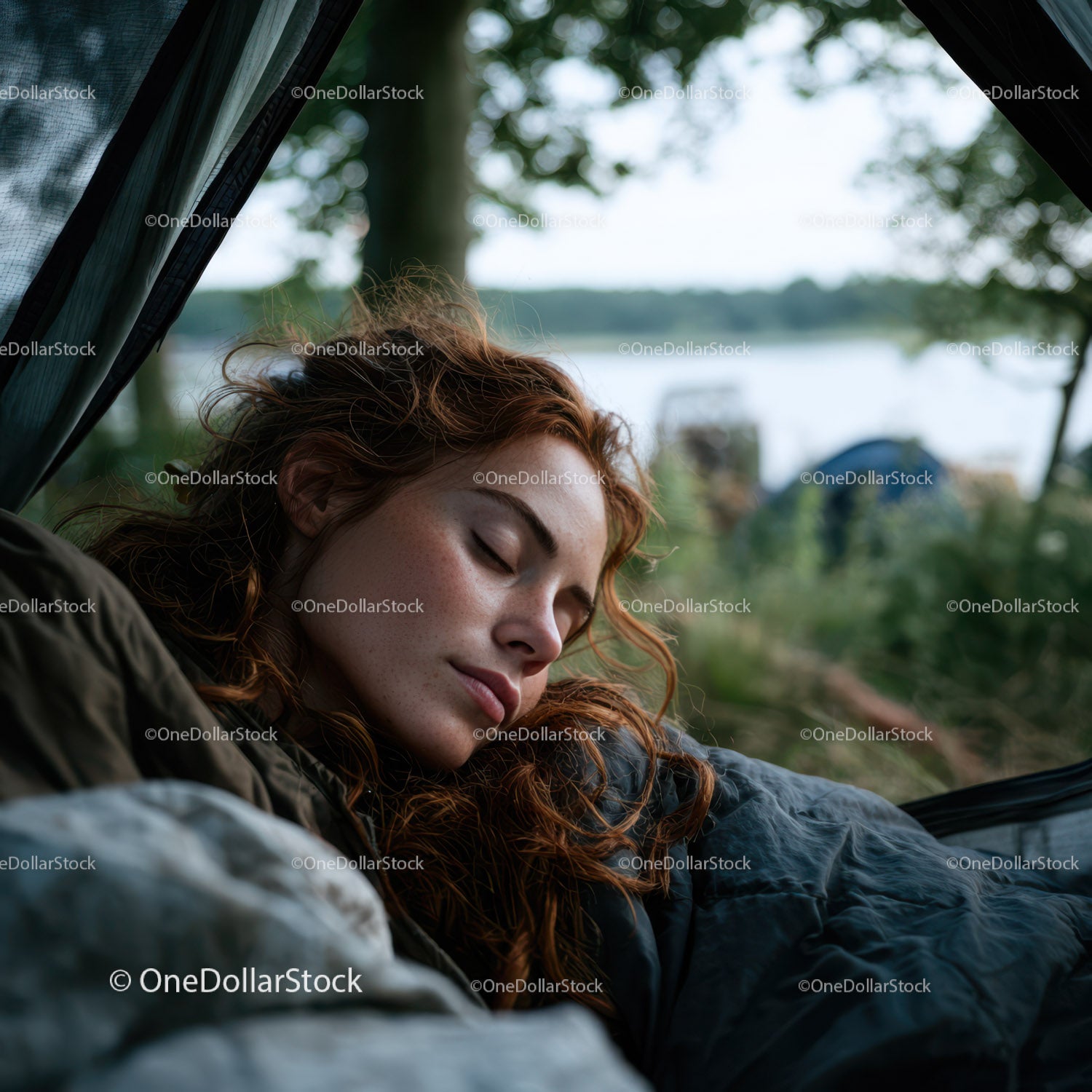 Serene Young Woman Sleeping Inside a Camping Tent At Forest Lake