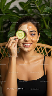 Young Woman Relaxing with Facial Mask and Cucumber in Natural Setting