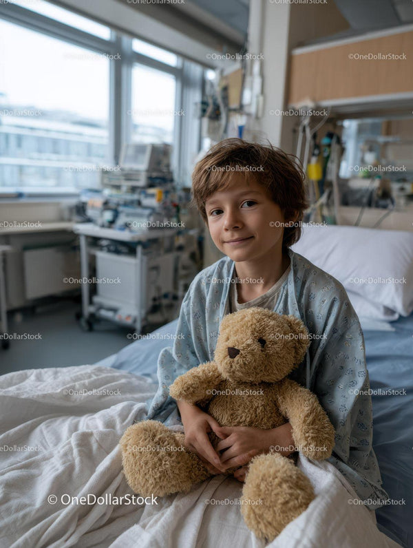 Young Boy Holding Teddy Bear in Hospital Bed in Bright Room