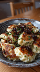 Dumplings with Bacon and Herbs Served in Rustic Bowl