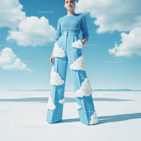 Fashion Model in Sky Blue Outfit with Cloud Pattern Pants in Outdoor Scene