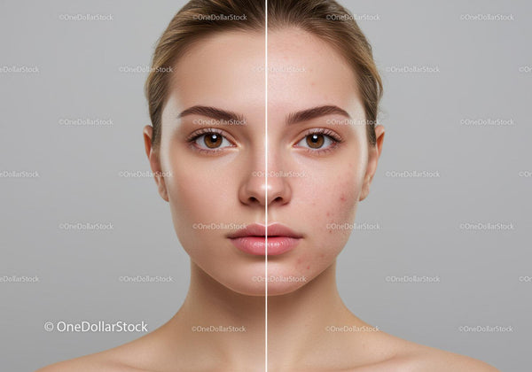 Close-Up of Woman's Face Showing Clear Skin and blemish Before and After