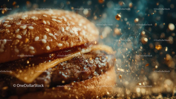 Zbliżenie na soczystego cheeseburgera z świeżymi warzywami i bułką z sezamem
