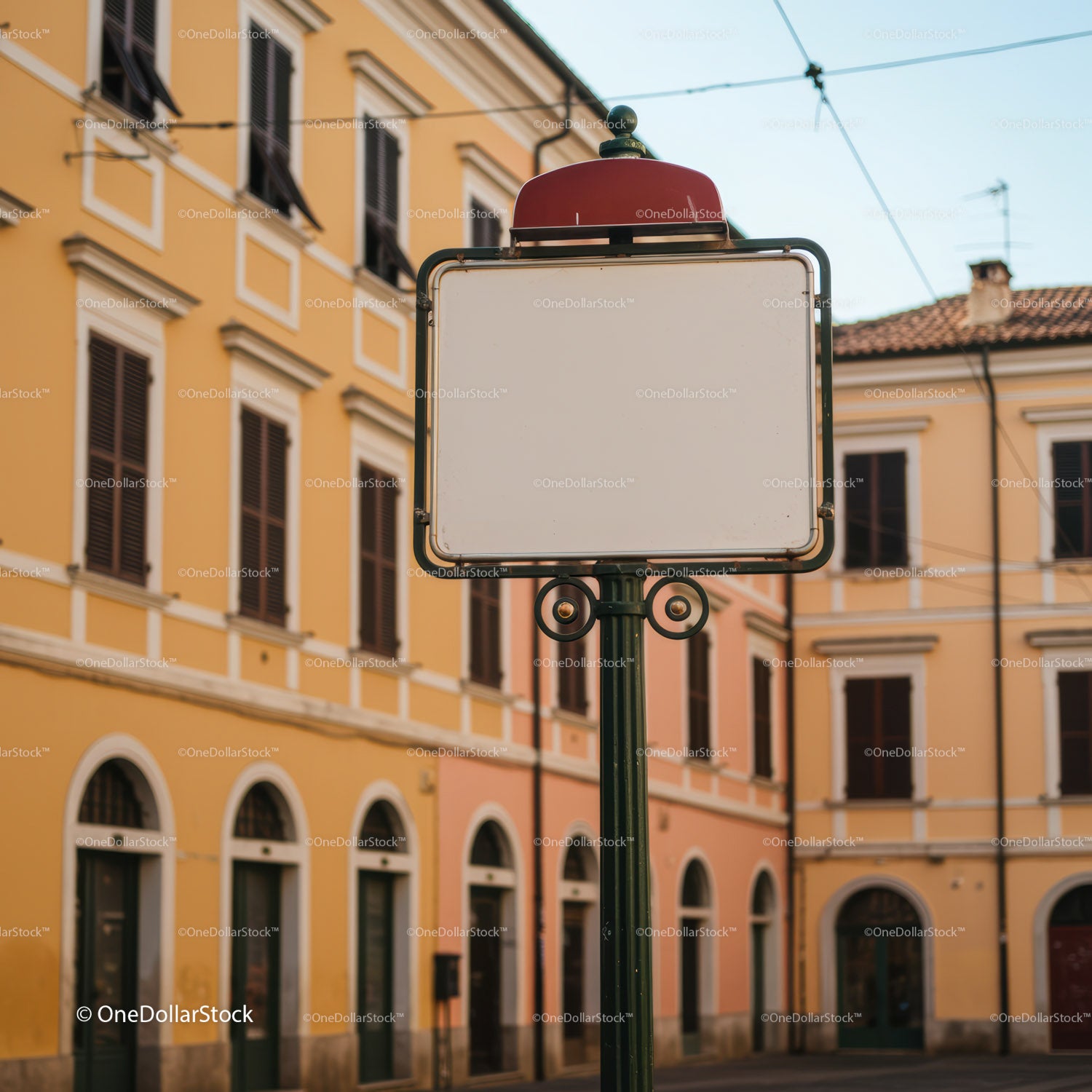 Empty street sign in historic European town square