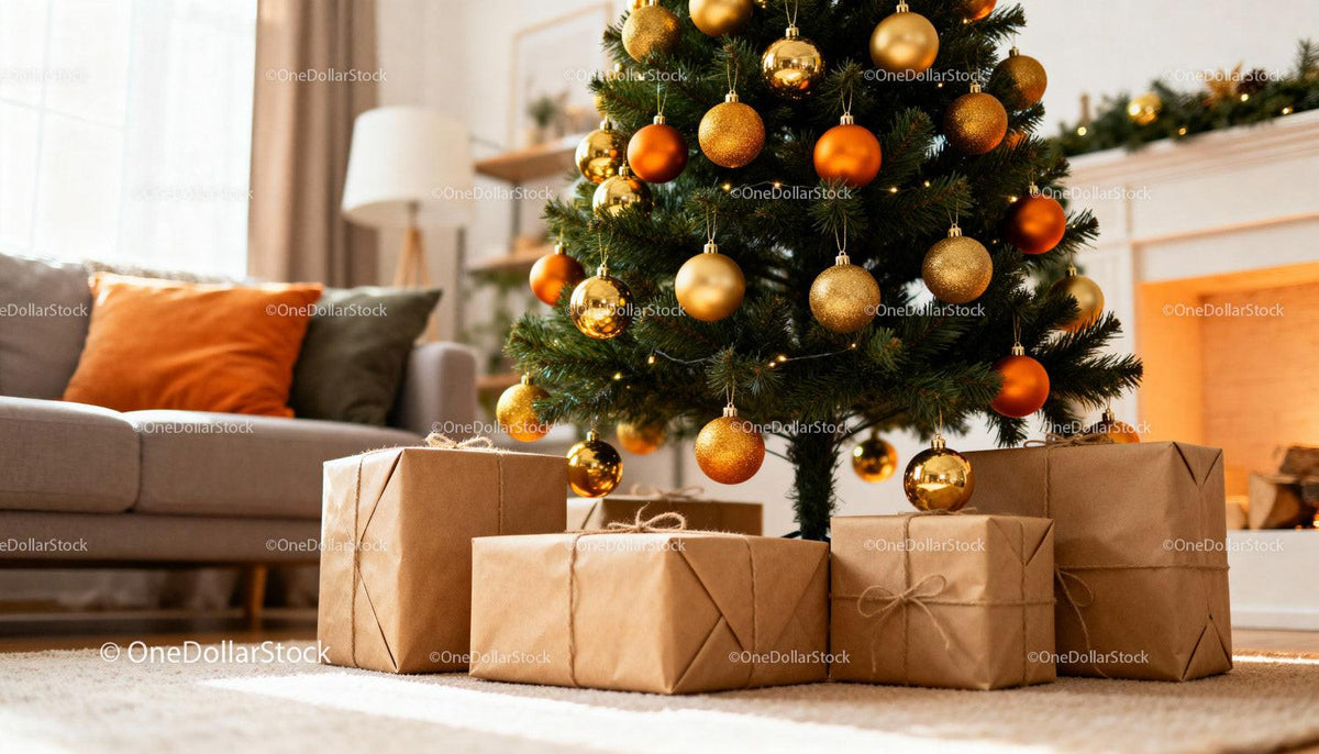 Cozy Living Room with Decorated Christmas Tree and Gifts