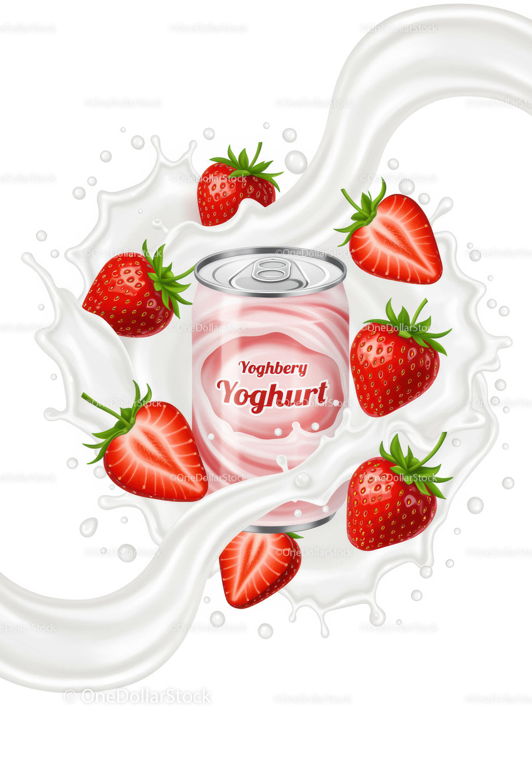 Strawberry Yogurt Drink Can Surrounded by Fresh Berries