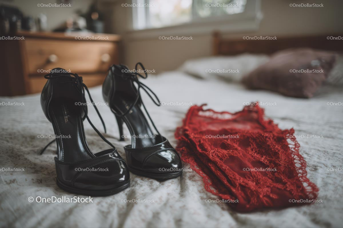 Chic Black Heels and a Red Lace Dress in a Cozy Bedroom Setting