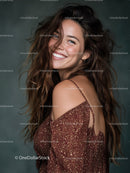 Joyful Woman with Wavy Hair Smiling in Casual Fashion Portrait