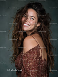 Joyful Woman with Wavy Hair Smiling in Casual Fashion Portrait