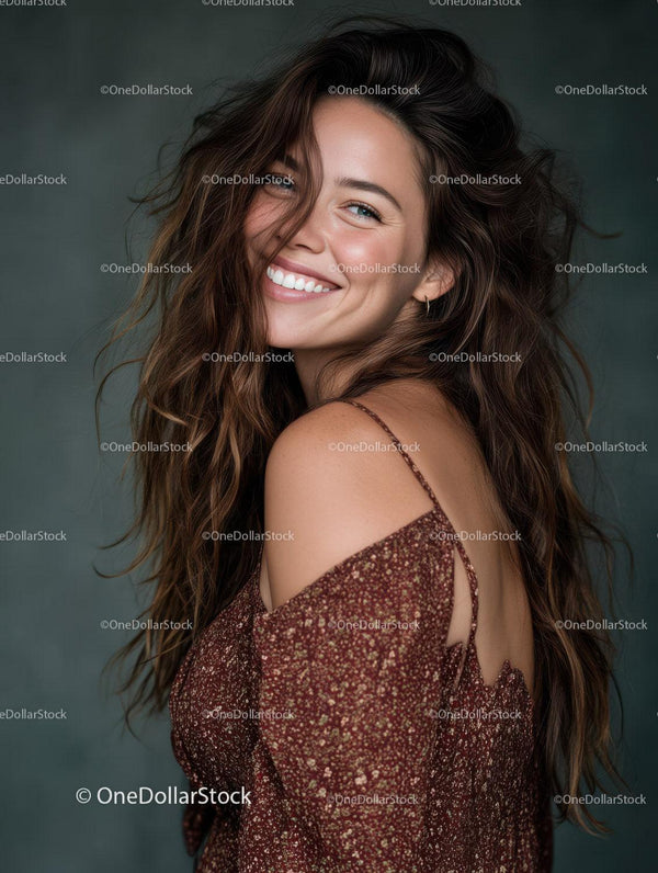 Joyful Woman with Wavy Hair Smiling in Casual Fashion Portrait