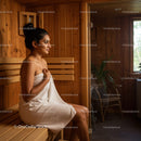 Relaxing Woman in Sauna with Wooden Interior and Towels