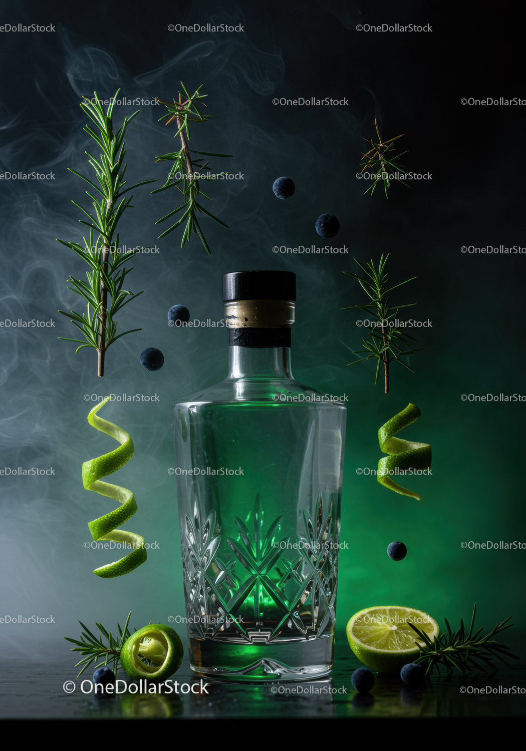Elegant glass bottle with fresh herbs and citrus spirals