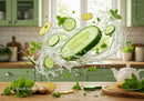 Fresh cucumber and ginger splash in kitchen setting