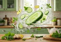 Fresh cucumber and ginger splash in kitchen setting