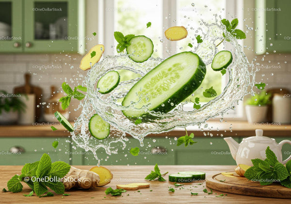 Fresh cucumber and ginger splash in kitchen setting