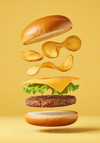 Deconstructed cheeseburger with chips and lettuce floating