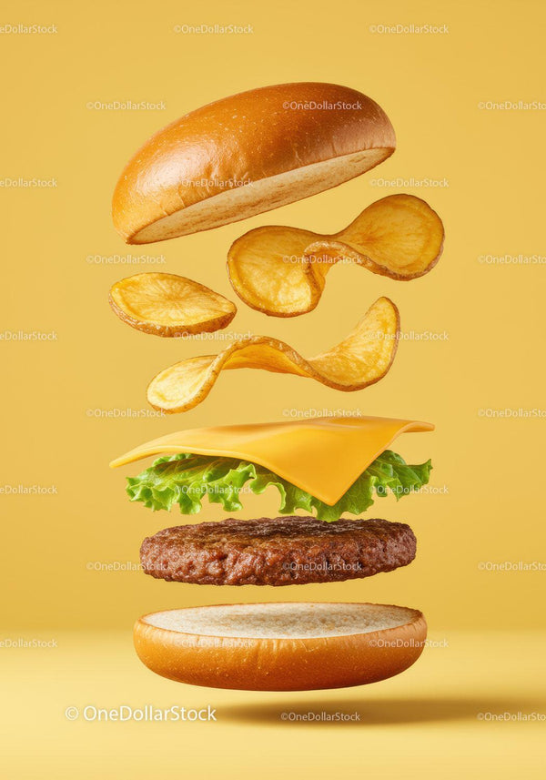 Deconstructed cheeseburger with chips and lettuce floating