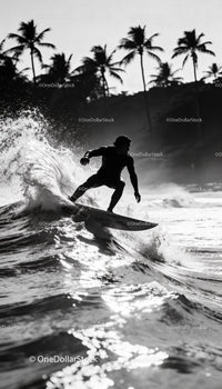 Surfer carving waves near palm tree lined shore