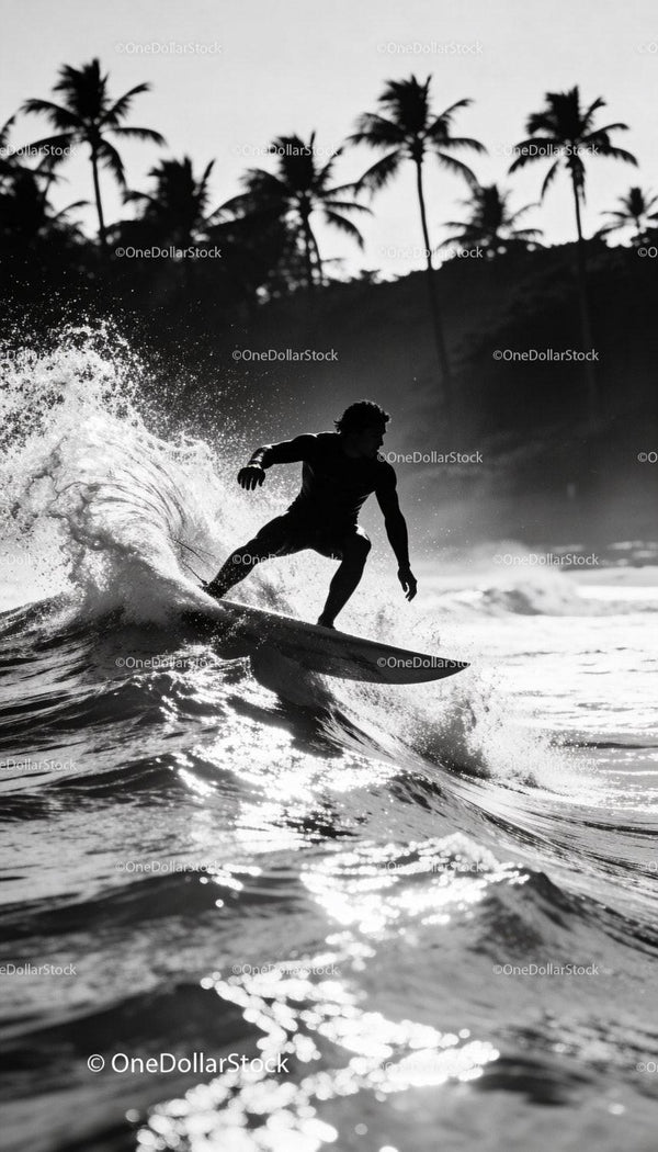Surfer carving waves near palm tree lined shore