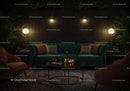 Cozy living room with emerald sofa and warm lighting