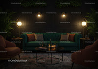 Cozy living room with emerald sofa and warm lighting
