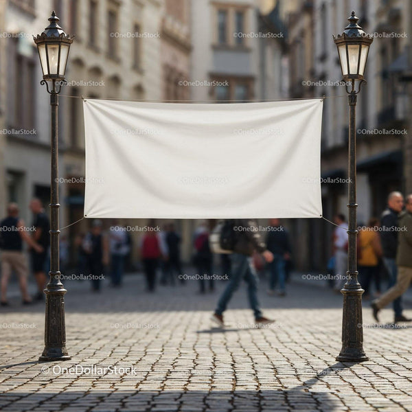 Blank white banner hanging between vintage street lamps JPG Mockup Image
