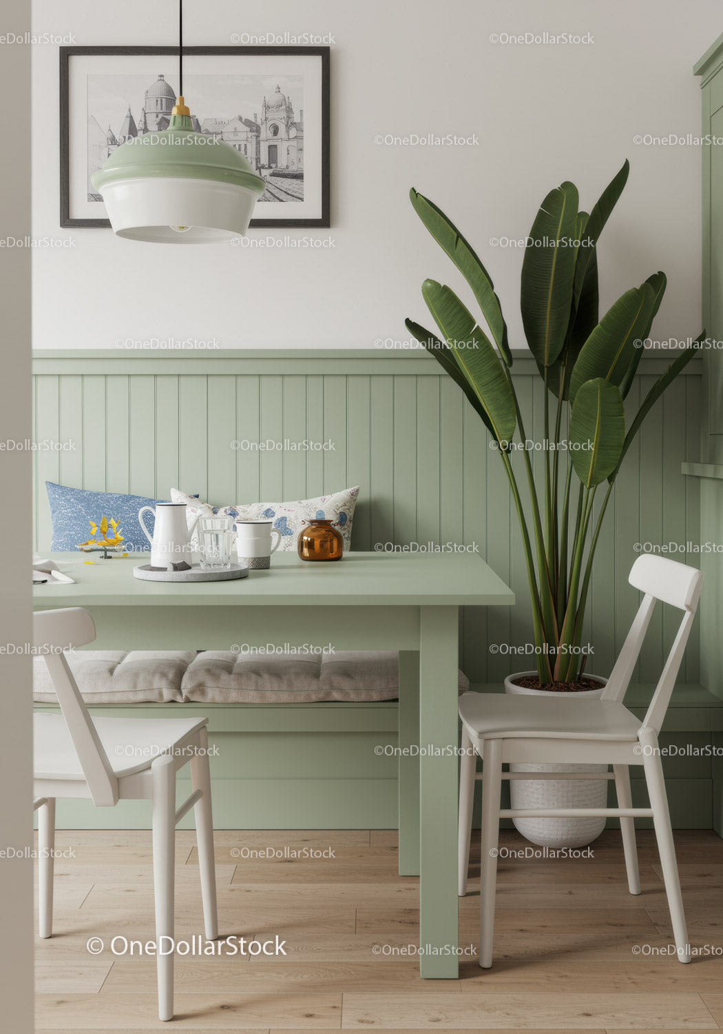 Minimalist Green and White Dining Nook with Houseplant and Modern Decor