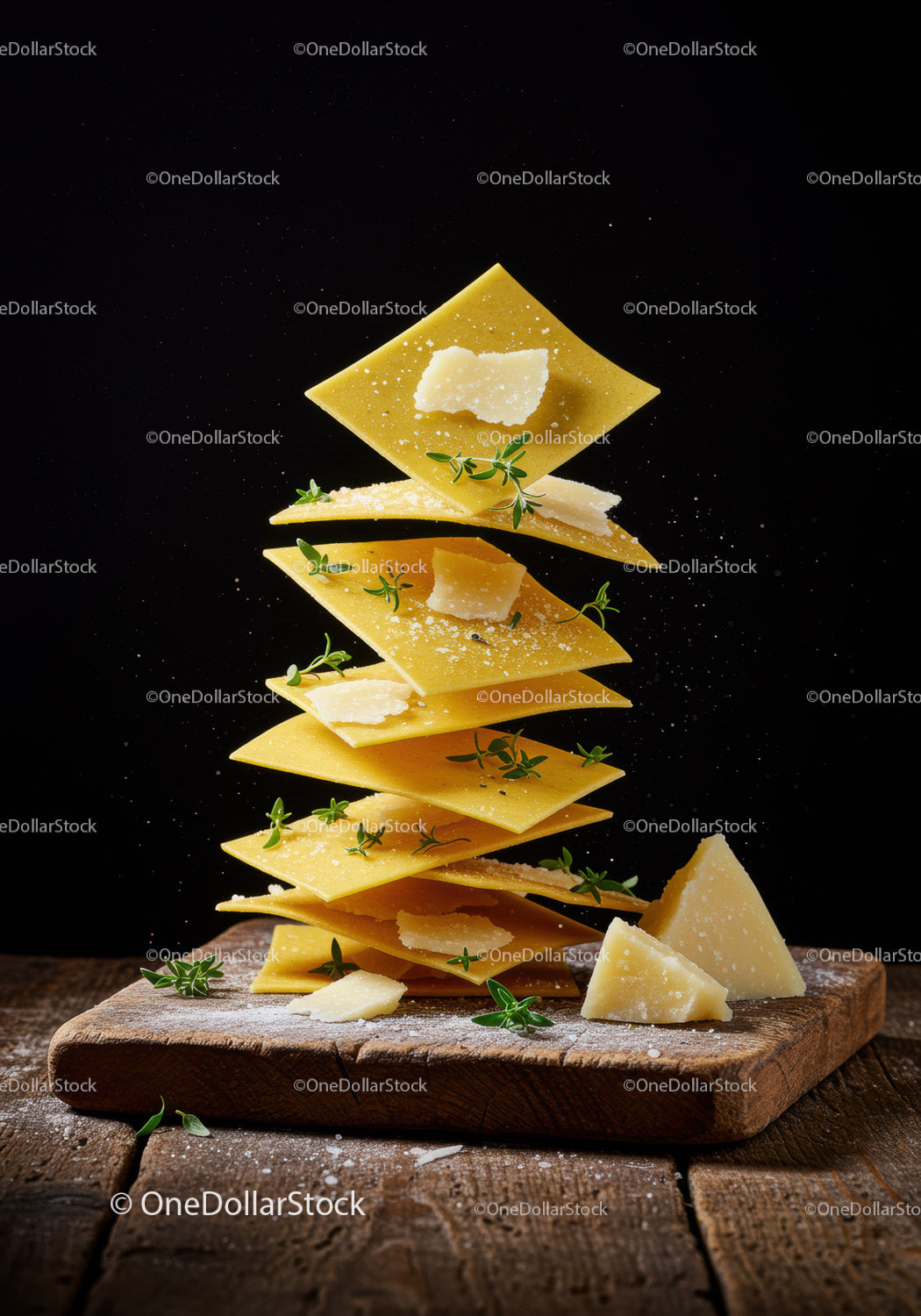 Stacked lasagna sheets with cheese and herbs on board