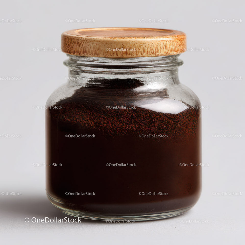 Glass Jar Filled with Fine Ground Coffee and Coffee Beans