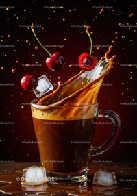 Rich coffee splash with fresh cherries and ice cubes