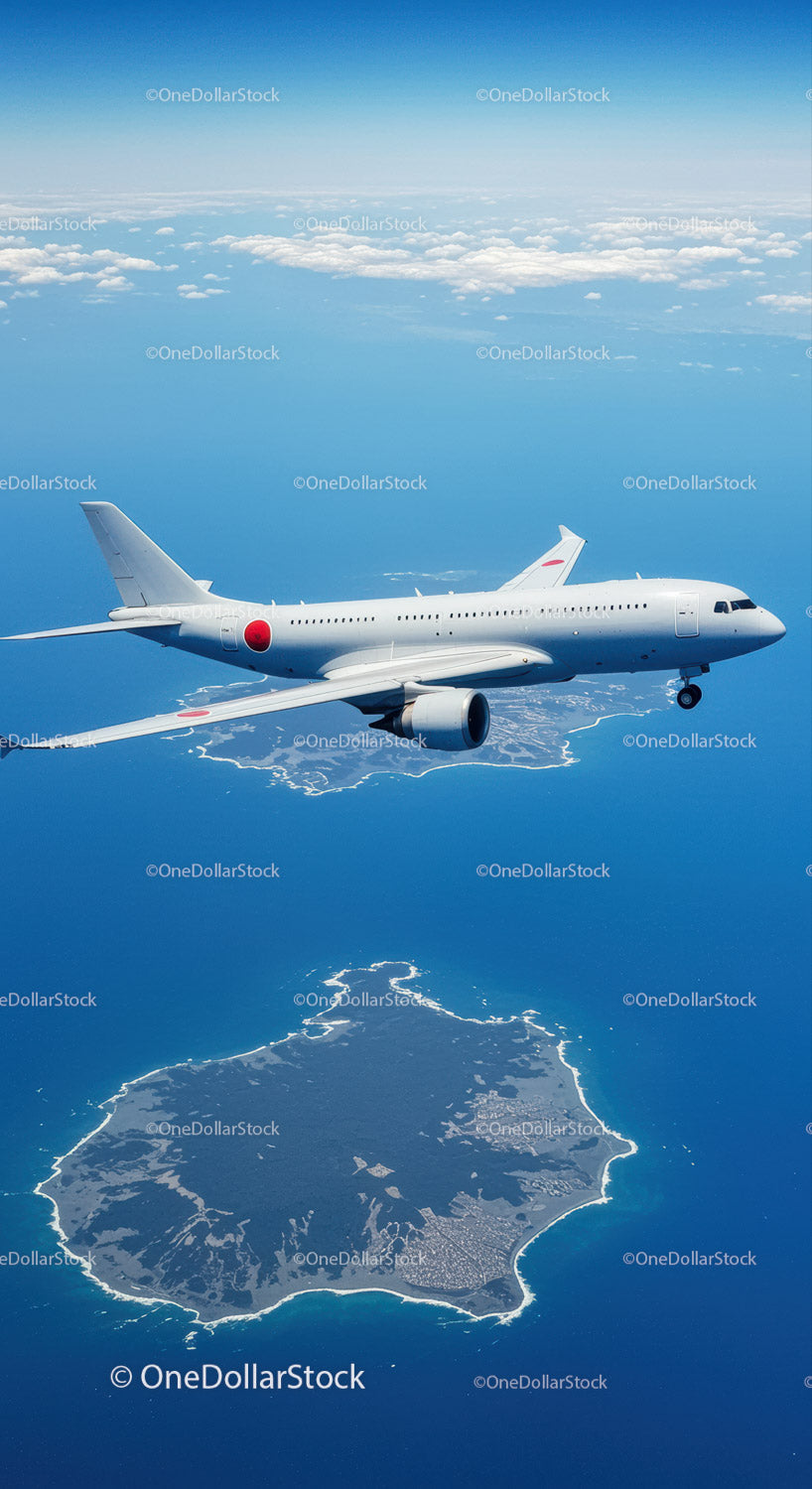 Commercial Jet Aircraft Flying Over Ocean and Island Landscape