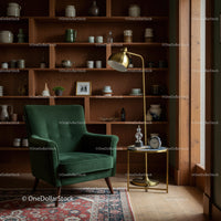 Cozy vintage armchair with brass floor lamp in reading nook