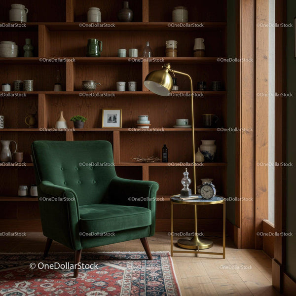 Cozy vintage armchair with brass floor lamp in reading nook