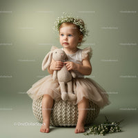 Toddler girl with flower crown holding soft bunny toy