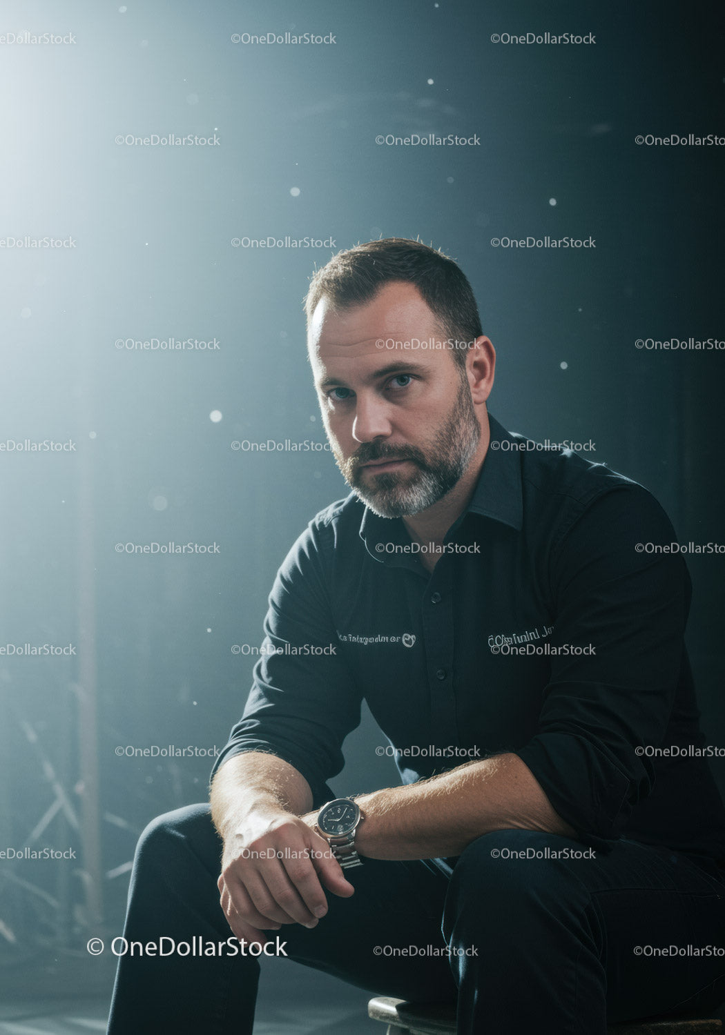 Thoughtful man in dark shirt sitting in moody light