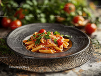 Pasta with Cherry Tomatoes and Parsley on Rustic Black Plate
