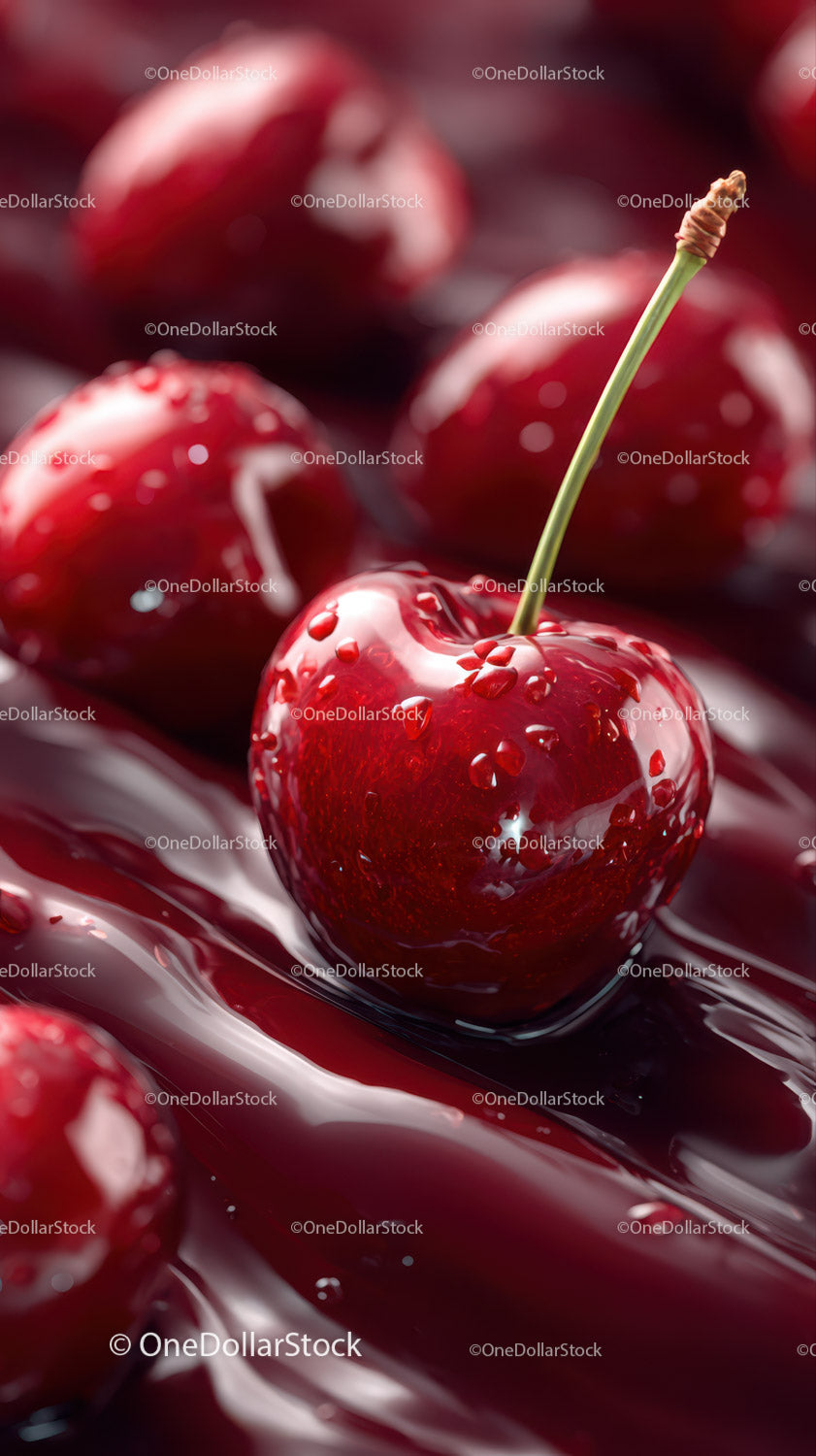 Vivid Red Cherry with Water Droplets Highlighted on a Fresh Juicy Fruit