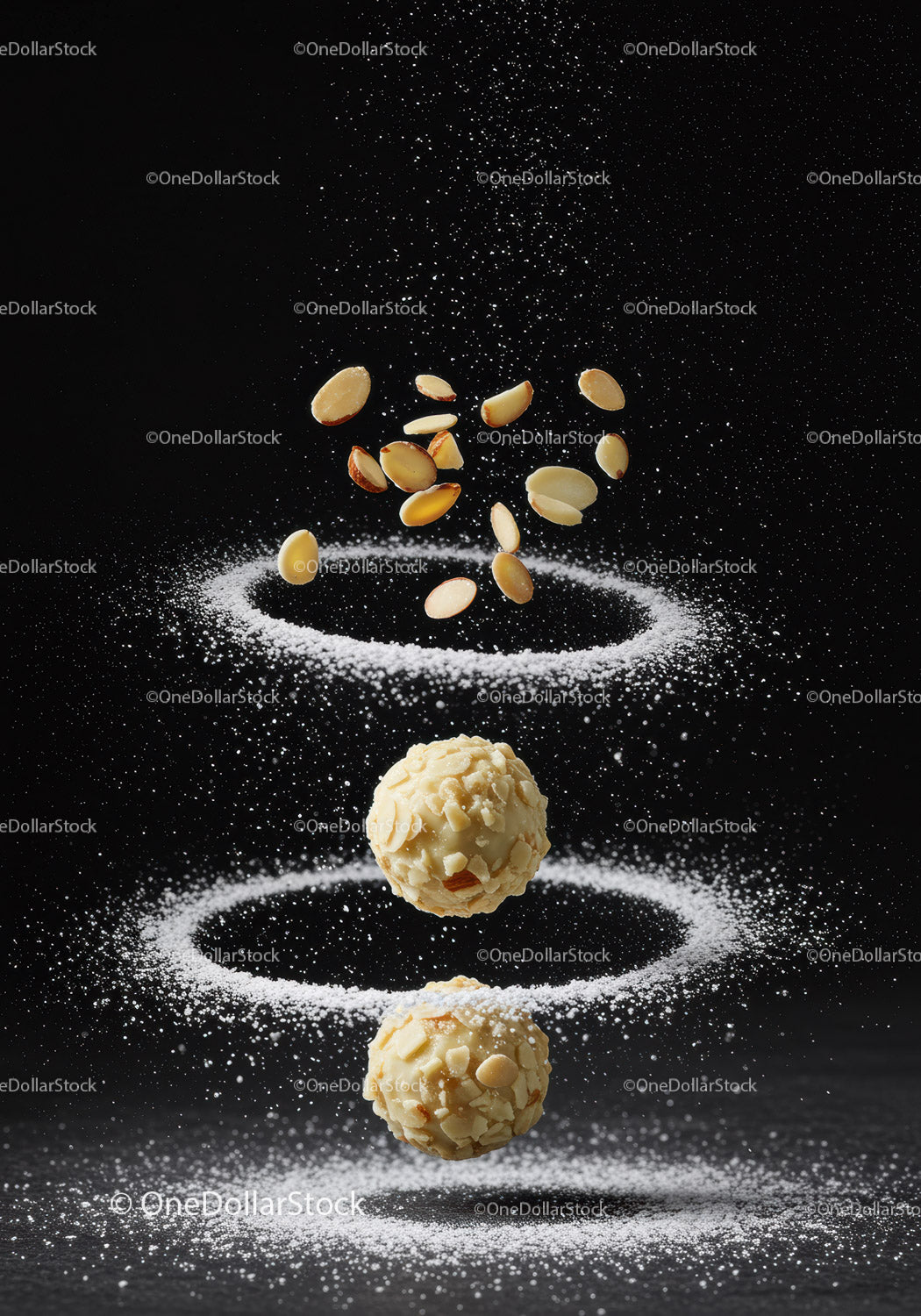 Almond Truffles with Powdered Sugar in Dark Setting