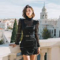 Elegant Woman in Black Lace Dress on City Rooftop