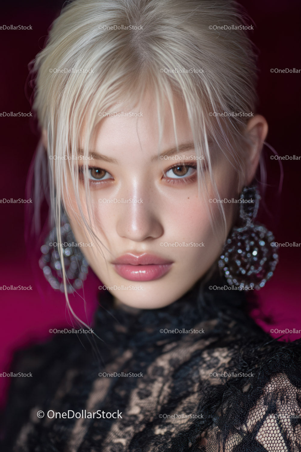 Elegant Young Woman with Platinum Blonde Hair and Lace Top