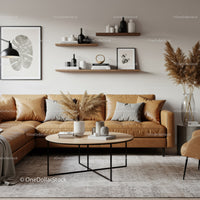 Cozy modern living room with tan leather sectional sofa