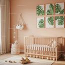 Modern Baby Nursery Room with Monstera Leaf Wall Art and Wooden Toys