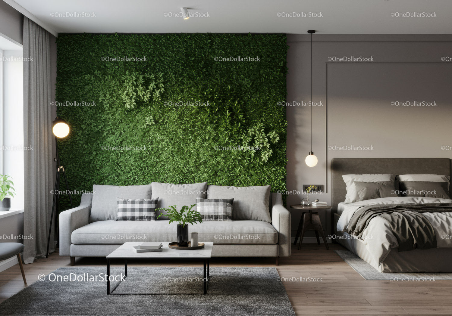 Elegancki, nowoczesny salon z zieloną ścianą z roślin i wygodną sofą