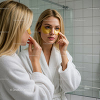 Young Woman Applying Gold Face Masks in Bathroom Reflection