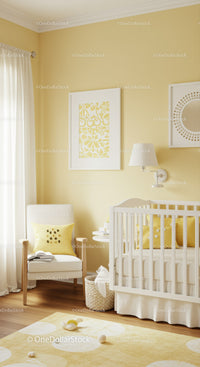 Bright Cozy Baby Nursery with Yellow Decor and Wall Art