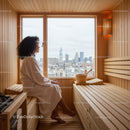 Relaxing Woman Inside Cozy Sauna With City Skyline View