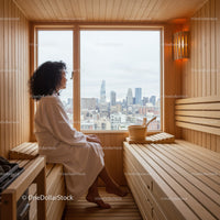 Relaxing Woman Inside Cozy Sauna With City Skyline View